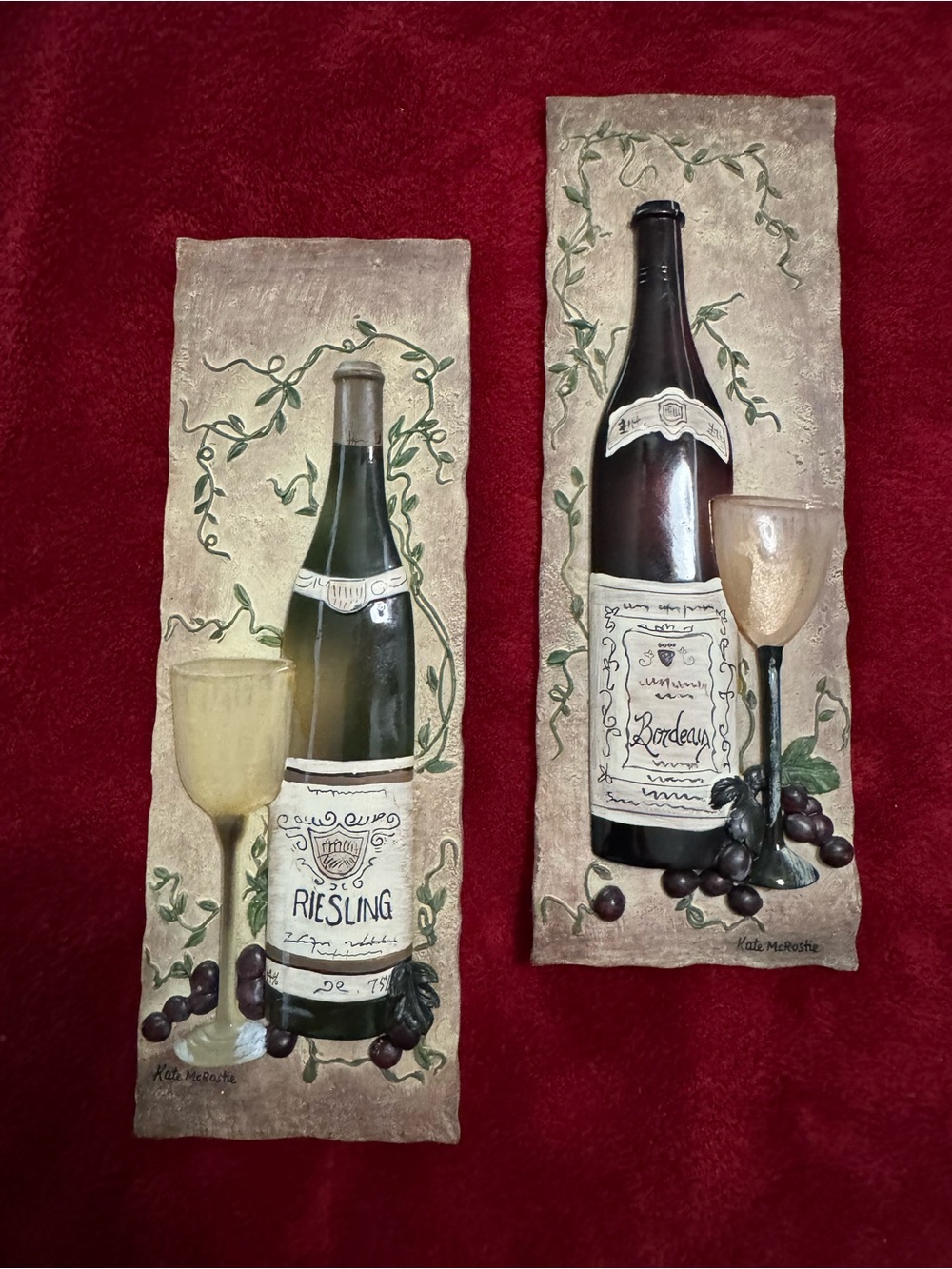 Kate McRostie Wine Wall Plaques Set Resin Relief Riesling Bordeaux Kitchen Decor